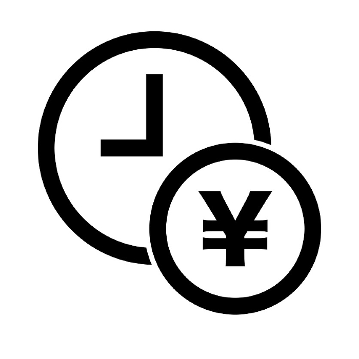 Hourly wage icons. Clock and Japanese yen icons. Vector.