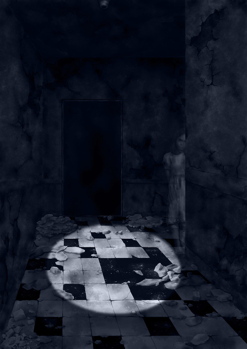 The crumbling dark corridor of an old abandoned building illuminated by a flashlight that the girl peeks into, blue.