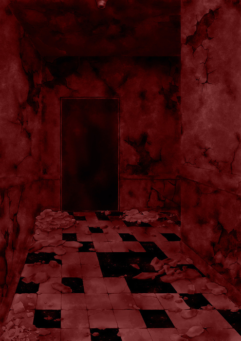 Old abandoned crumbling dark corridor red