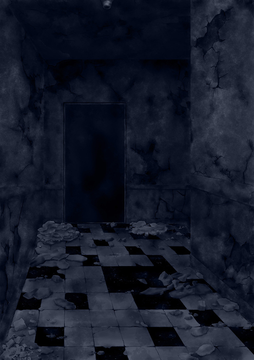 Old abandoned crumbling dark corridor blue