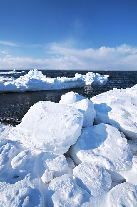 Drift Ice on Notsuke Peninsula and Nemuro Straits Hokkaido  3 ,Shiretoko mountain range  center right 