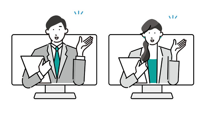 Business person making a proposal to a customer from a computer - man and woman clipboard vector illustration