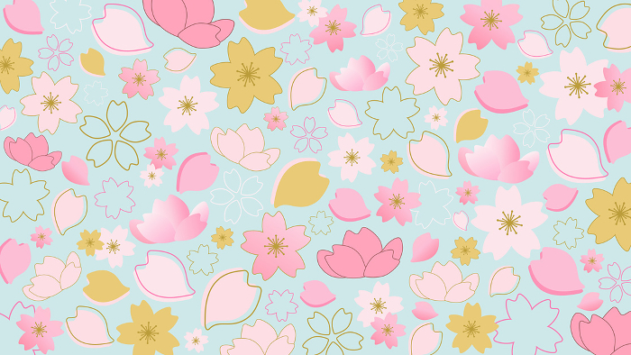 Japanese vector background illustration of cherry blossoms on light blue background [horizontal].