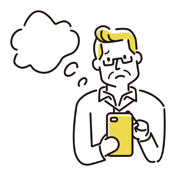 standard Illustration of a person who can convey a message Do you have such a problem?　A man in his 50s and 60s with glasses having trouble with his smartphone