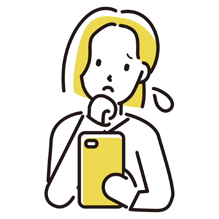 Illustration of a person who can convey a message　Woman in her 30's and 40's, looking at her phone and having trouble