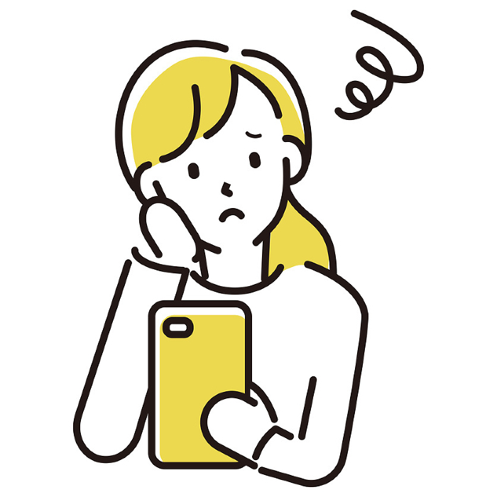 Illustration of a person who can convey a message　young woman looking at her phone and having trouble
