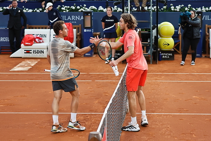 2024 Barcelona Open 3rd Round  L R  Roberto Carballes Baena  ESP , Stefanos Tsitsipas  GRE , APRIL18, 2024   Tennis : Stefanos Tsitsipas and Carballes Baena shake hands after singles 3rd round match on the Barcelona Open Banc Sabadell tennis tournament at the Real Club de Tenis de Barcelona in Barcelona, Spain.  Photo by Mutsu Kawamori AFLO 