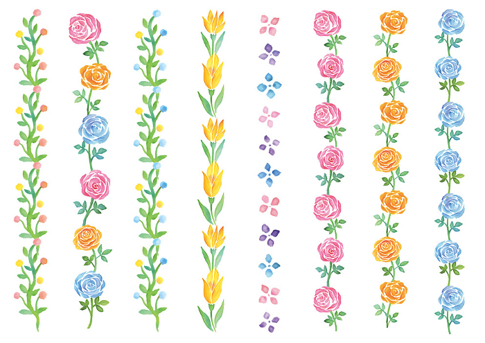 Set of watercolor hand-painted floral decorative lines - vertical