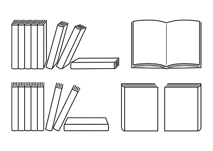 Set of black-and-white illustrations of books in various variations