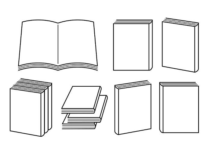 set of monochrome line drawings of a simple book