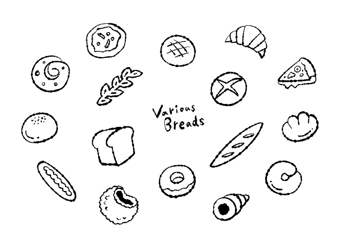 line drawing of various kinds of bread(monochrome)