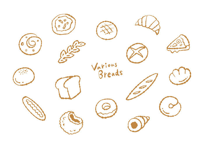 Line drawing illustration of various kinds of bread