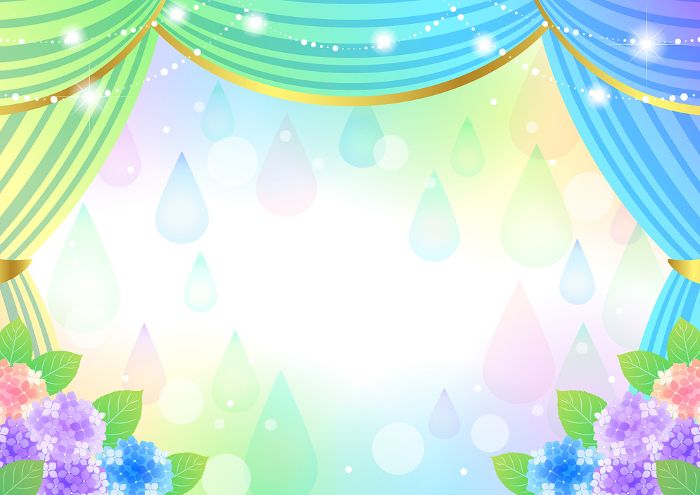 rainy season, theater, rug, curtain, rainbow, hydrangea, drop, colorful, cute, sparkling, background, illustration, horizontal