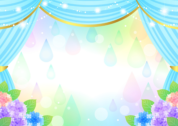 rainy season, theater, rug, curtain, blue, hydrangea, drop, colorful, cute, sparkling, background, illustration, horizontal