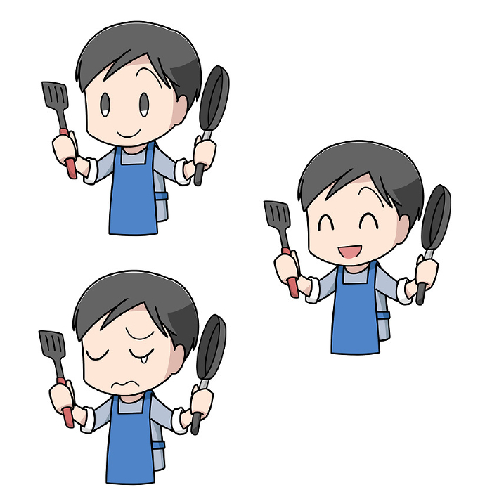 3 patterns of illustrations of man with frying pan and spatula