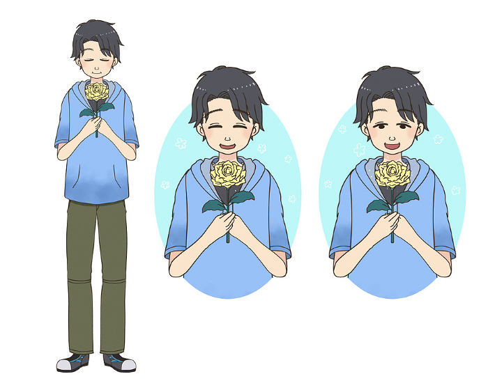 Set of illustrations of a man happy to receive a yellow rose for Father's Day