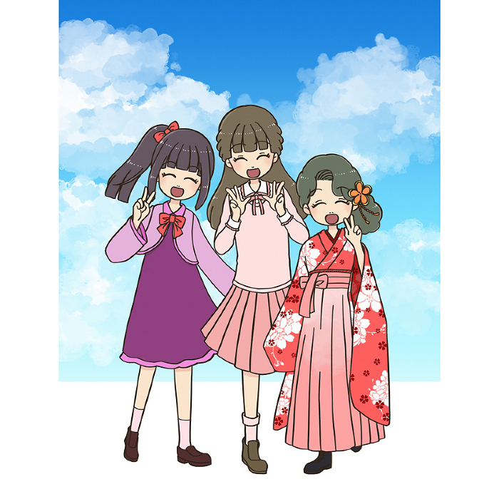 Girls posing against a blue sky