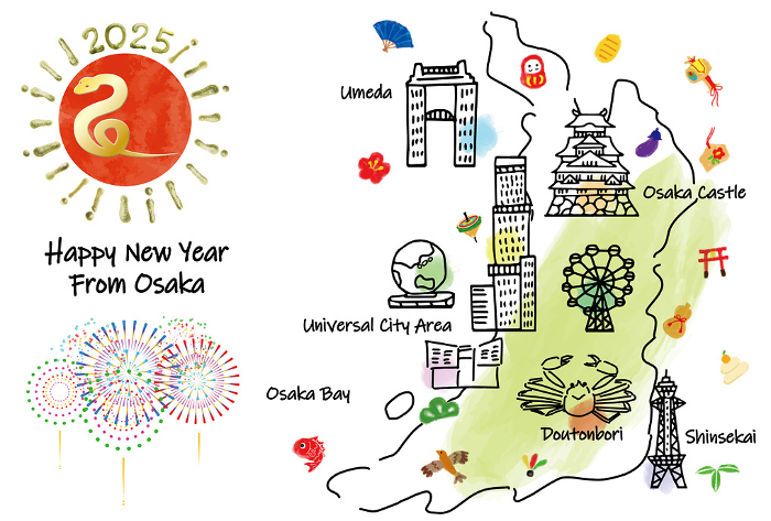 Osaka tourist attractions illustration map New Year's card 2025