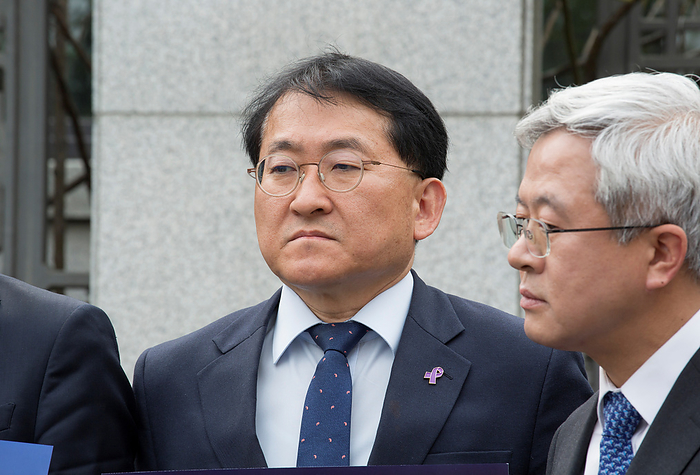 The Rebuilding Korea Party led by Cho Kuk calls for investigations into allegations surrounding first lady Kim Keon Hee in Seoul Cha Kyu Geun and Kim Bo Hyup, April 11, 2024 : Cha Kyu Geun  L , lawmaker elect of the Rebuilding Korea Party and the party s spokesperson Kim Bo Hyup participate in a press conference in front of the Supreme Prosecutors  Office in Seoul, South Korera. The party demanded prosecutors to immediately summon President Yoon Suk Yeol s wife, Kim Keon Hee to investigate allegations surrounding the first lady, including her involvement in manipulating the stock prices. The Rebuilding Korea Party led by Cho Kuk secured 12 proportional seats in April 10 parliamentary elections with a campaign pledge to put an early end to the pro Japan and conservative Yoon Suk Yeol s government. The new minor party will be the third largest political party in the 300 member parliament.  Photo by Lee Jae Won AFLO 
