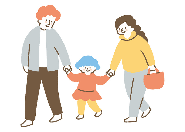 Girl walking hand in hand with parents_Color