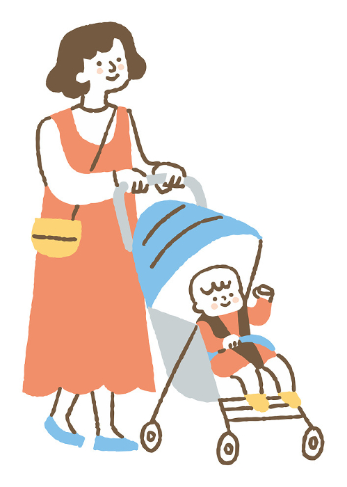 Mother strolling while pushing a stroller_Color