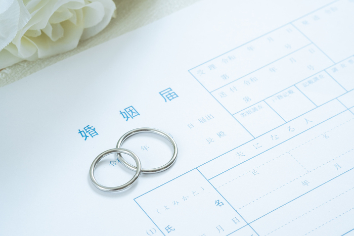 Marriage certificate and wedding rings