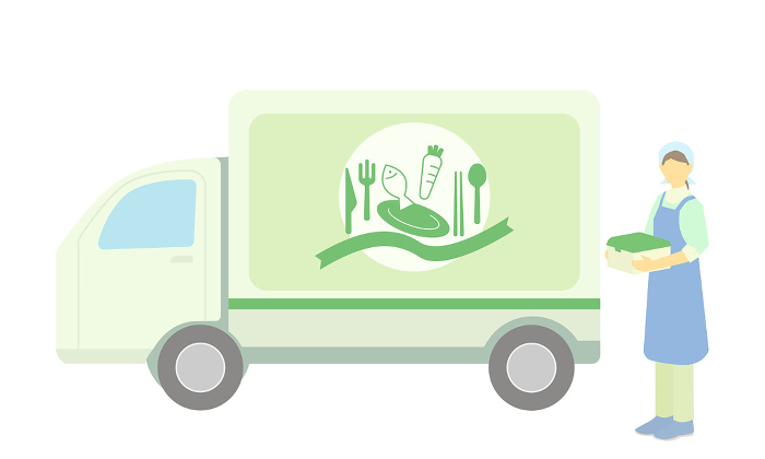 Clip art of car and delivery person of meal delivery service