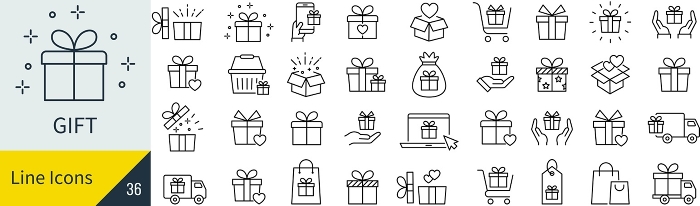 Vector gift line drawing icon set