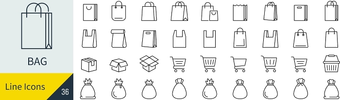 Vector line drawing icon set of bags