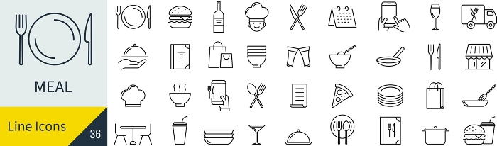 Vector meal line drawing icon set