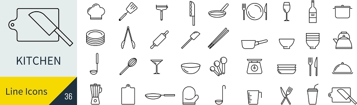 Vector kitchen line drawing icon set