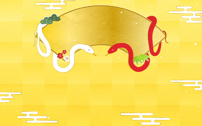 White and red snakes, fan frame, gold leaf style Japanese pattern ekasumi Japanese background without text