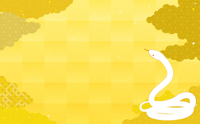 Japanese gold leaf style background of a white snake coiled in a coil, confetti, and clouds in Japanese pattern