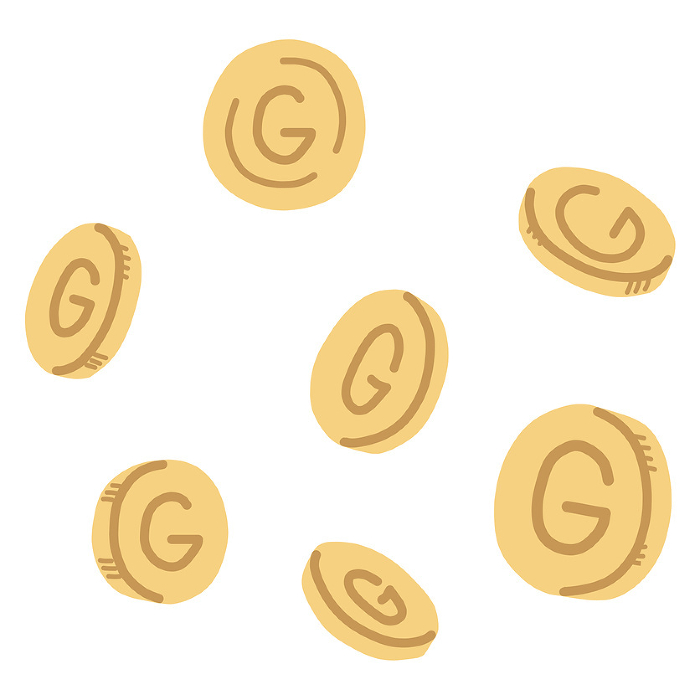 Set of illustrations of coins from various angles with the letter G