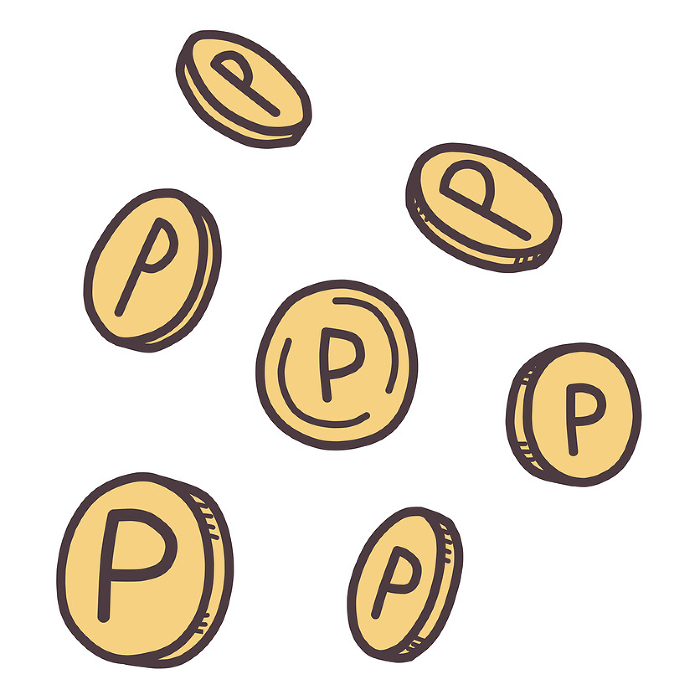 Set of illustrations of coins from various angles with the letter P