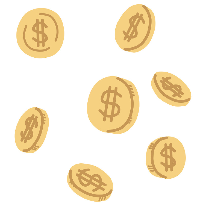 Set of illustrations of coins from various angles with dollar signs