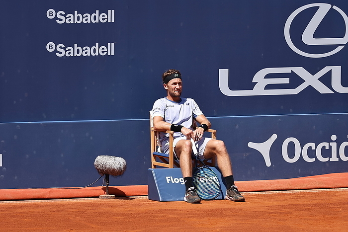 2024 Barcelona Open Semifinals Casper Ruud  NOR , APRIL20, 2024   Tennis : Casper Ruud sits in the linesman s chair while waiting to help a fallen spectator during singles Semi final match against Tomas Martin Etcheverry on the Barcelona Open Banc Sabadell tennis tournament at the Real Club de Tenis de Barcelona in Barcelona, Spain.  Photo by Mutsu Kawamori AFLO 