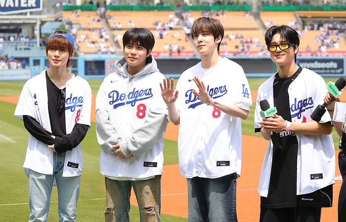 2024 MLB  Dodgers Mets  ATEEZ s  from left  Yosan, Jungho, Yunho, and Woo Young visit Dodger Stadium  Photo by Takahiro Koyama  Photo date: 20240421