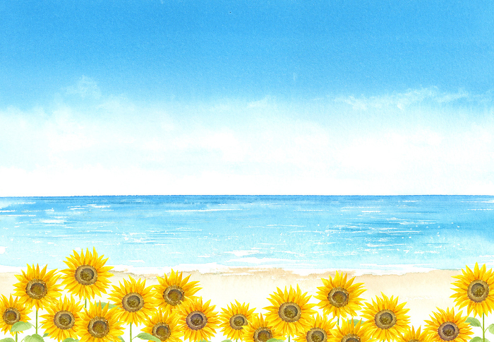 Watercolor illustration of sunflowers and sandy beach by the sea