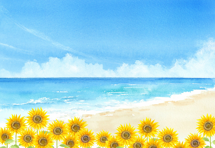 Watercolor of summer sea and sunflowers