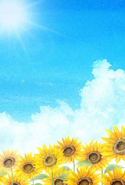 Postcard template of iridocumulus and sunflower field painted with watercolor
