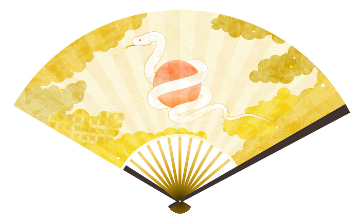 White Snake, Japanese traditional background of Sea of Clouds, Japanese fan, Year of the Snake 2025