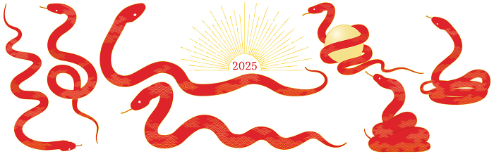 Nengajo (New Year's greeting card) material for the year of the snake 2025, set of poses of a red snake with Japanese pattern