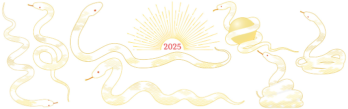 Nengajo (New Year's card) material for the year of the Snake 2025, set of poses with a white snake in Japanese pattern