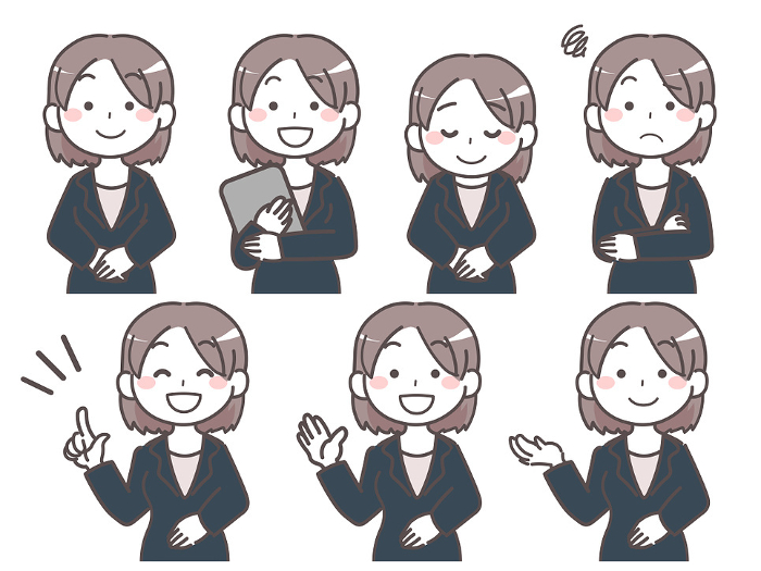 Various expressions of a woman in a suit