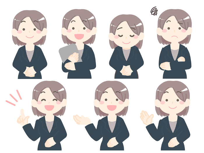 Various expressions of a woman in a suit