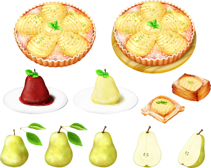 Vector Sweets set with pears and pears Tarte compote Danish stewed in red wine