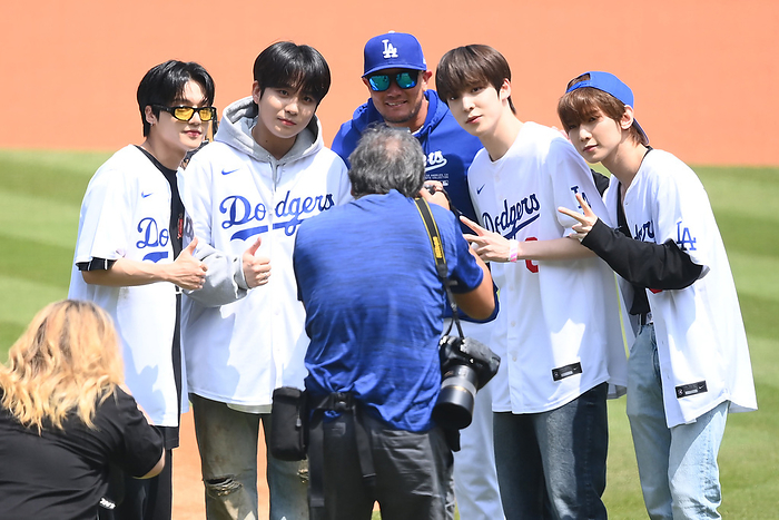 2024 MLB April 20, 2024 Dodgers x Mets Before the game ATEEZ s  from left  WOOYOUNG  Woo Young  JONGHO  Jong Ho  with one left behind YUNHO  Yeosang  Location   Dodger Stadium, Los Angeles