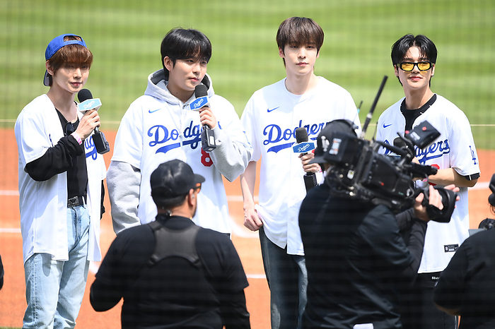 2024 MLB April 20, 2024 Dodgers x Mets Pregame ATEEZ s  from left  YEOSANG, JONGHO, YUNHO, WOOYOUNG signaled the start of the game Location   Dodger Stadium, Los Angeles