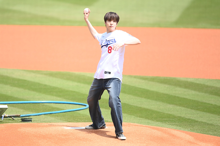 2024 MLB April 20, 2024 Dodgers x Mets Pre game YUNHO of ATEEZ, who threw out the first pitch Location   Dodger Stadium, Los Angeles